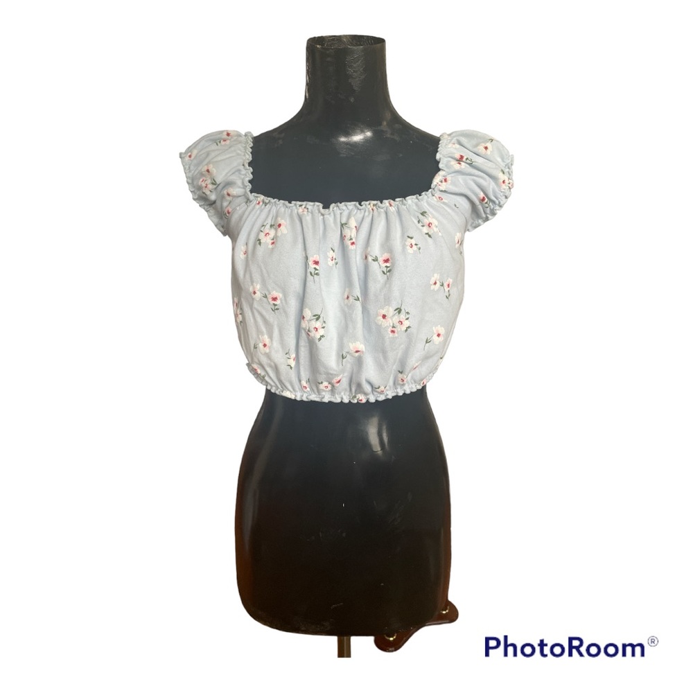 Womens Forever 21 Blue Flower Off the Shoulders Crop Top